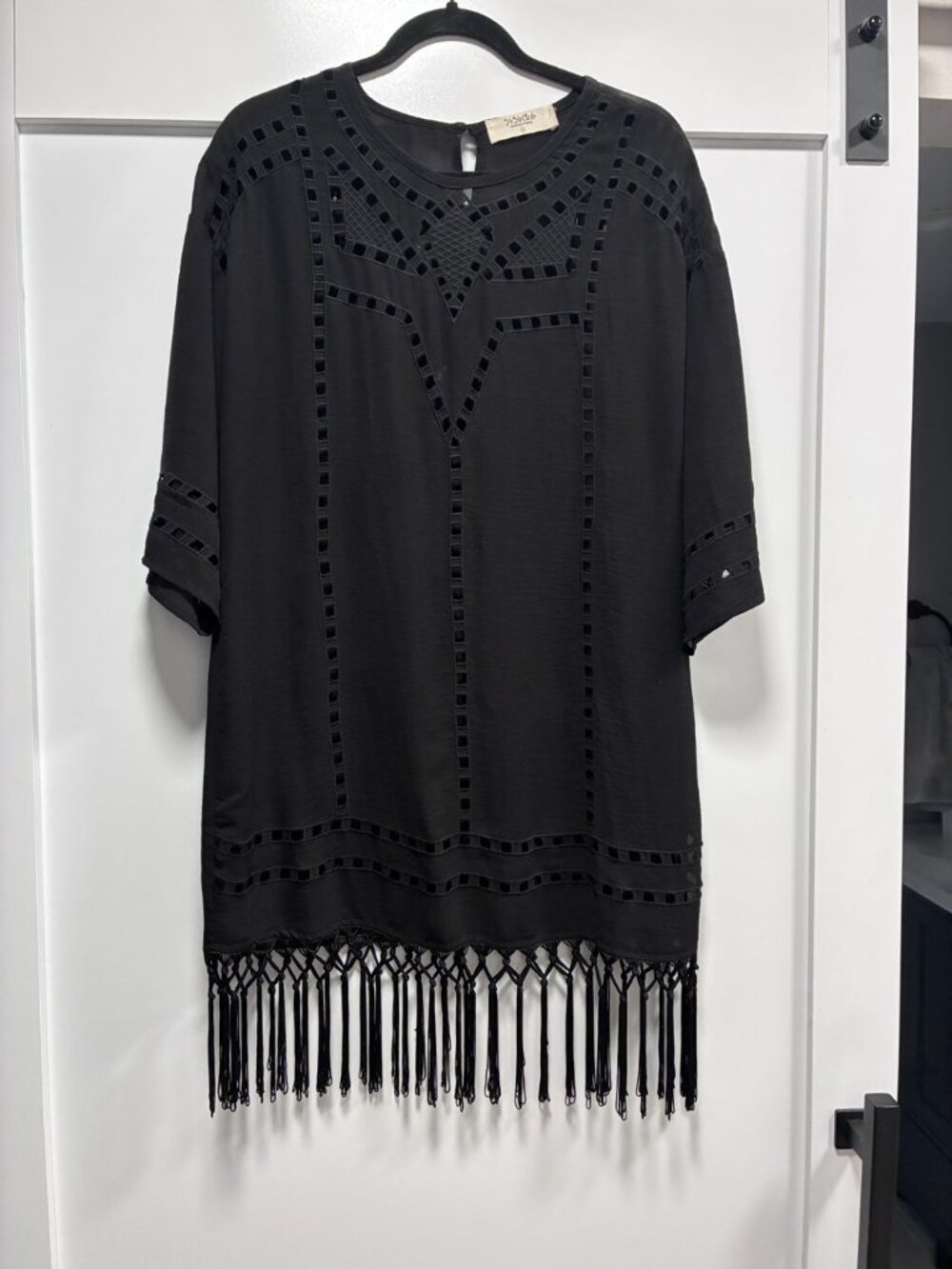 Ya Ya Club Black Eyelet Cutout Fringe Tunic Mini Dress Small Boho Embroidered
